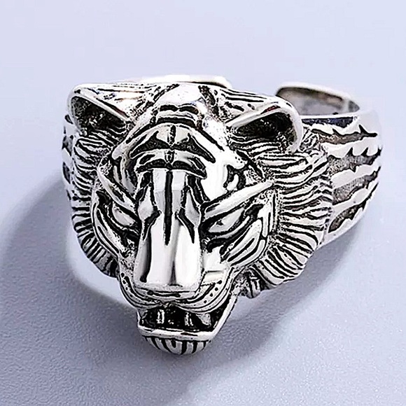 STERLING SILVER LION TIGER HEAD PUNK VIKING RING - Picture 1 of 6